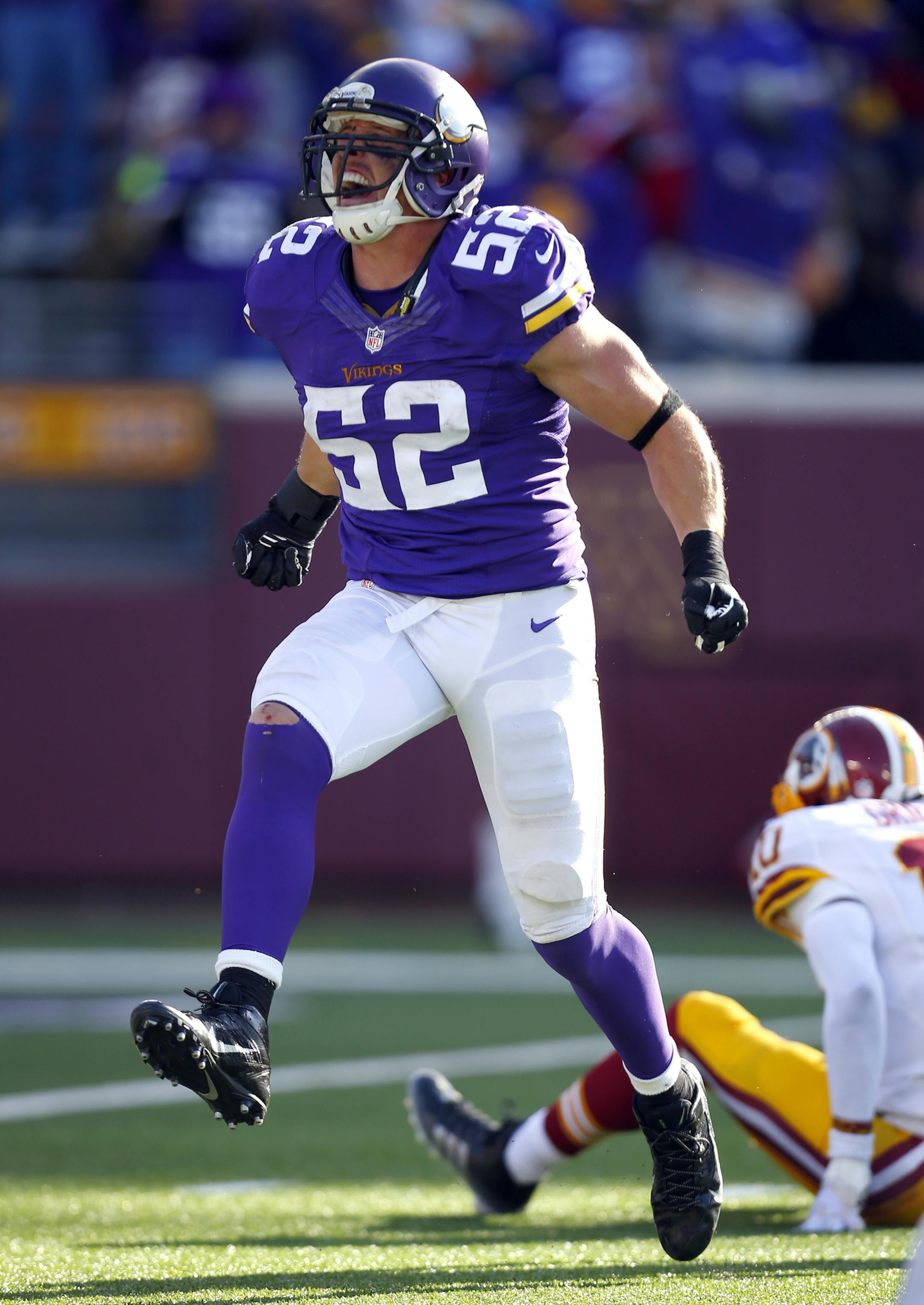 Minnesota Vikings outside linebacker Chad Greenway (52) celebrates after sacking Washington Redskins quarterback Robert Griffin III (10) during an NFL football game, Sunday, Nov. 2, 2014, in Minneapolis. (Jeff Haynes/AP Images for Panini)