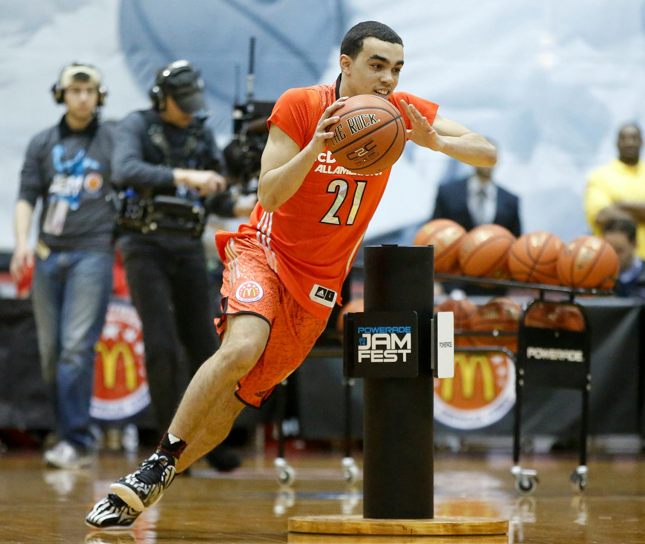 McDonald's East All-American Tyus Jones competes in the skills contest on Monday, March 31, 2014. Jones won first place.