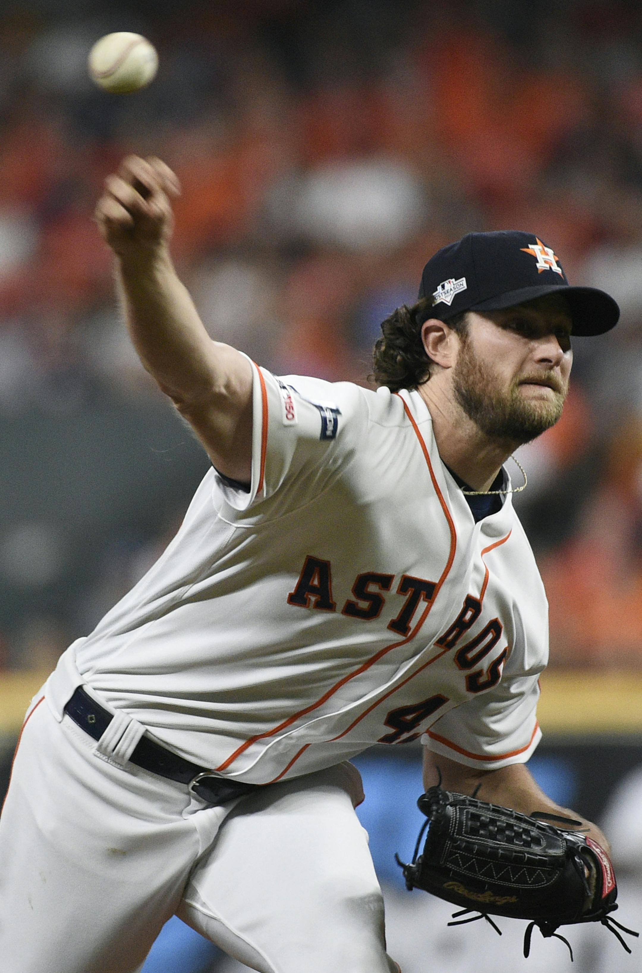 Houston Astros starting pitcher Gerrit Cole delivers to a Tampa Bay Rays batter during the first inning during Game 2 of a baseball American League Division Series in Houston, Saturday, Oct. 5, 2019. (AP Photo/Eric Christian Smith)