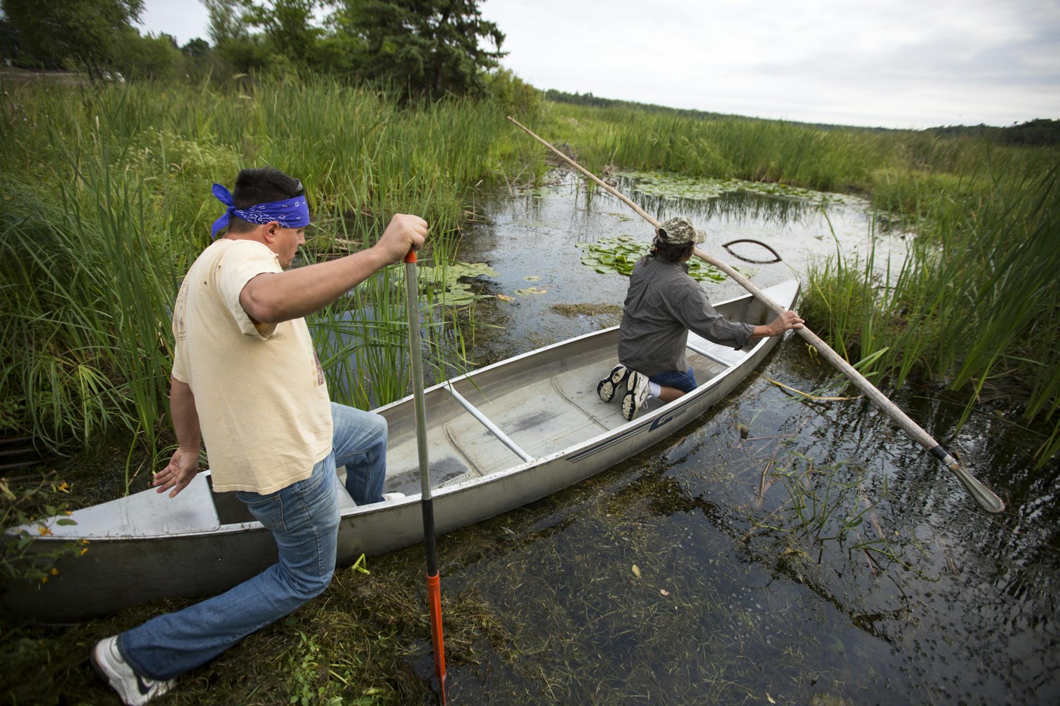 Todd Thompson and Terry Burnette Sr. launch their canoe to begin harvesting wild rice at Hole In The Day Lake south of Nisswa.