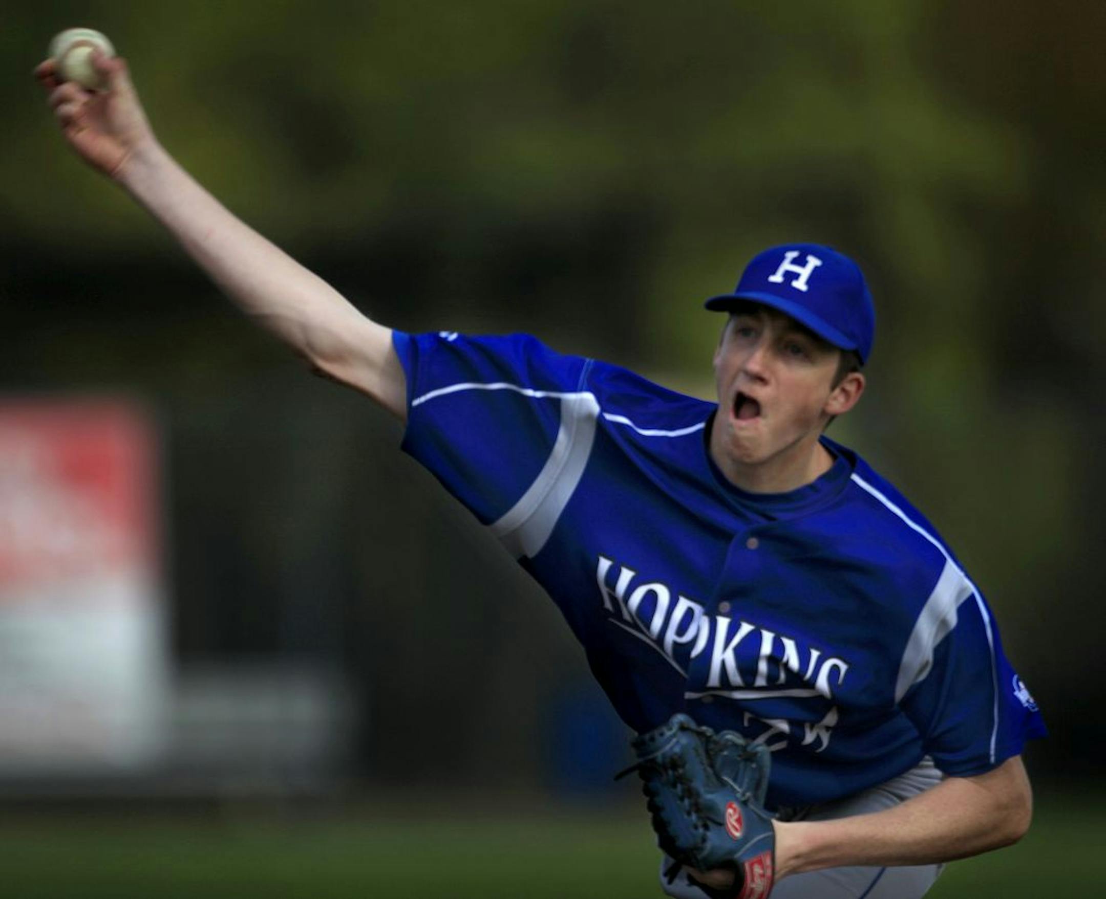 Hopkins winning pitcher Tim Shannon threw shutout baseball against Apple Valley. Hopkins won 8-0 on March 12, 2012 at Apple Valley HS.