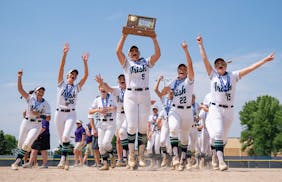 Rosemount players celebrate after defeating Forrest Lake 6-1 to win the MSHSL class 4A softball state championship game Friday, June 9, 2023, at Caswe