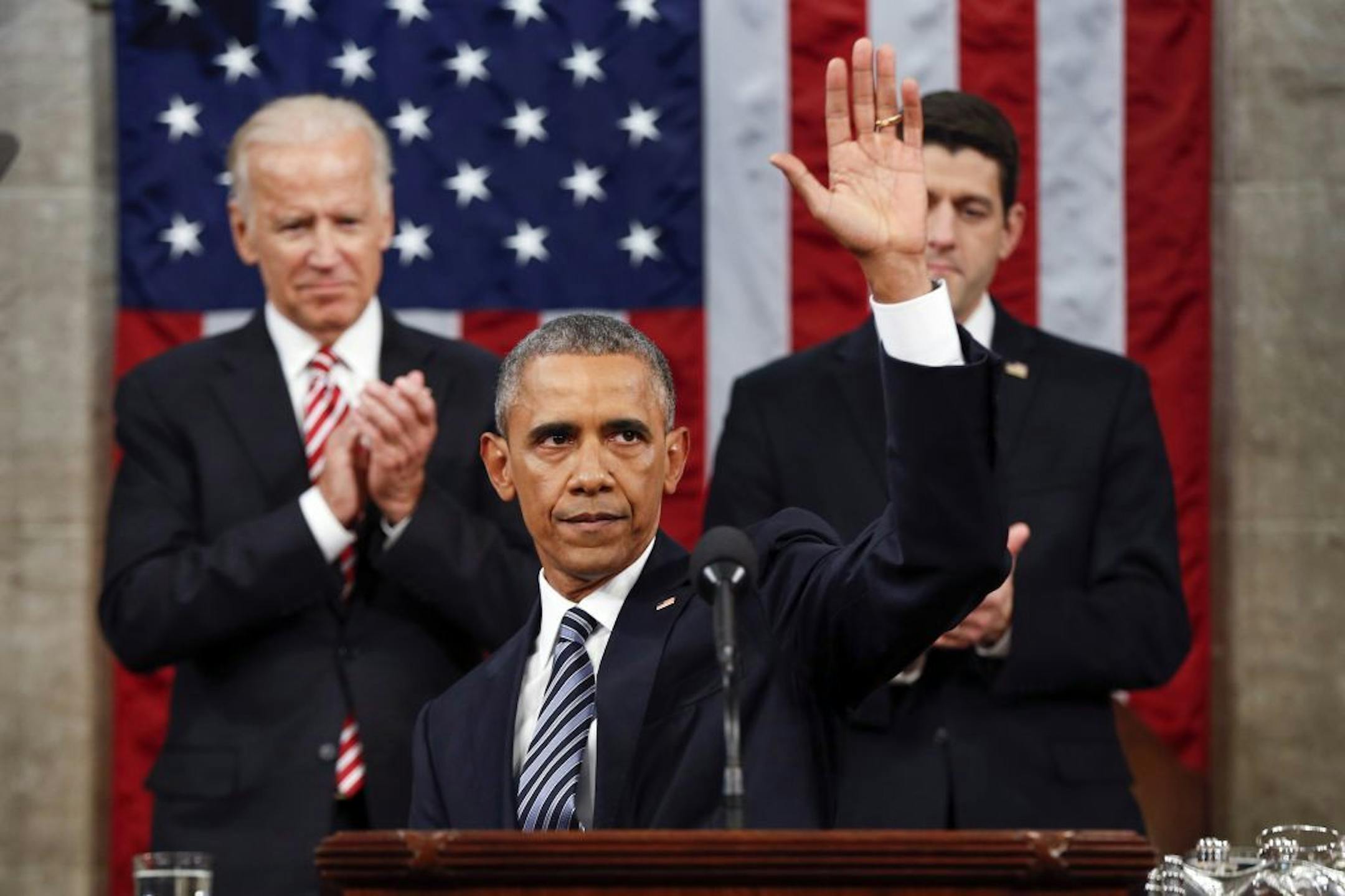 President Barack Obama waves at the conclusion of his State of the Union address to a joint session of Congress on Capitol Hill in Washington, Tuesday, Jan. 12, 2016.