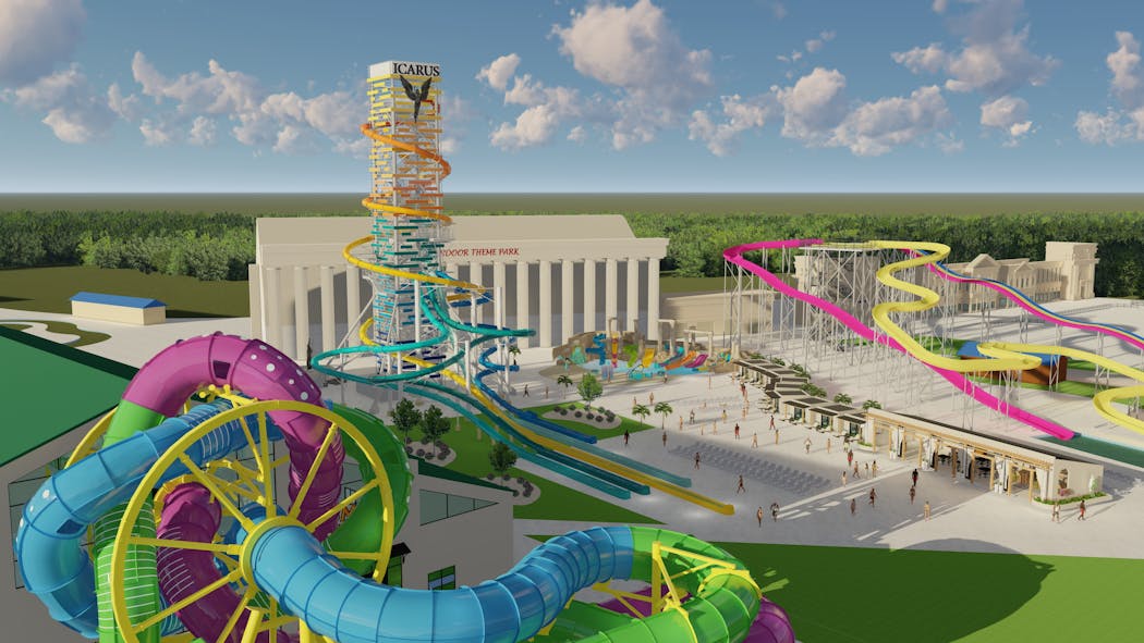 Mt. Olympus renderings including the existing Medusa’s Slidewheel, at left, with the planned Rise of Icarus and a new outdoor children’s water play area.