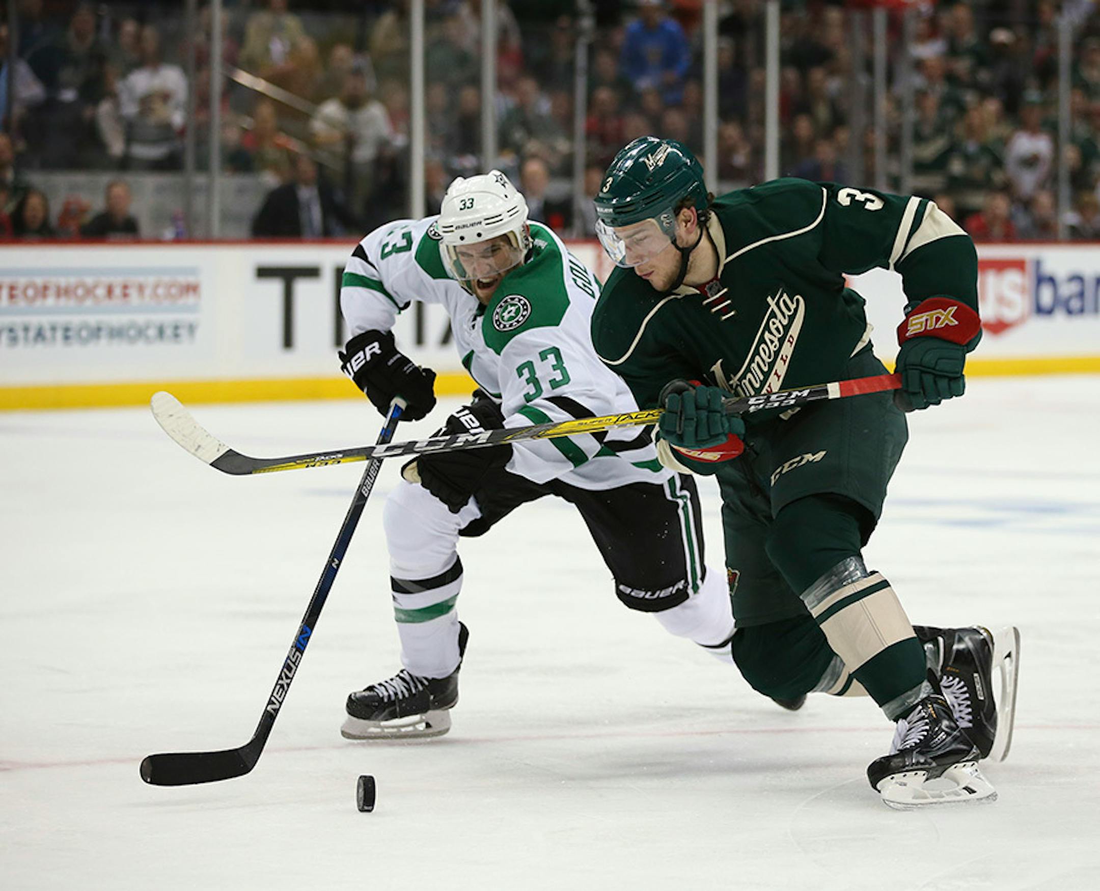 Wild center Charlie Coyle (3) beat Dallas Stars defenseman Alex Goligoski (33) to the puck in the second period Monday night.