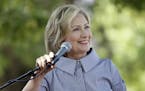 Democratic presidential candidate Hillary Rodham Clinton speaks during a news conference during a visit to the Iowa State Fair, Saturday, Aug. 15, 201