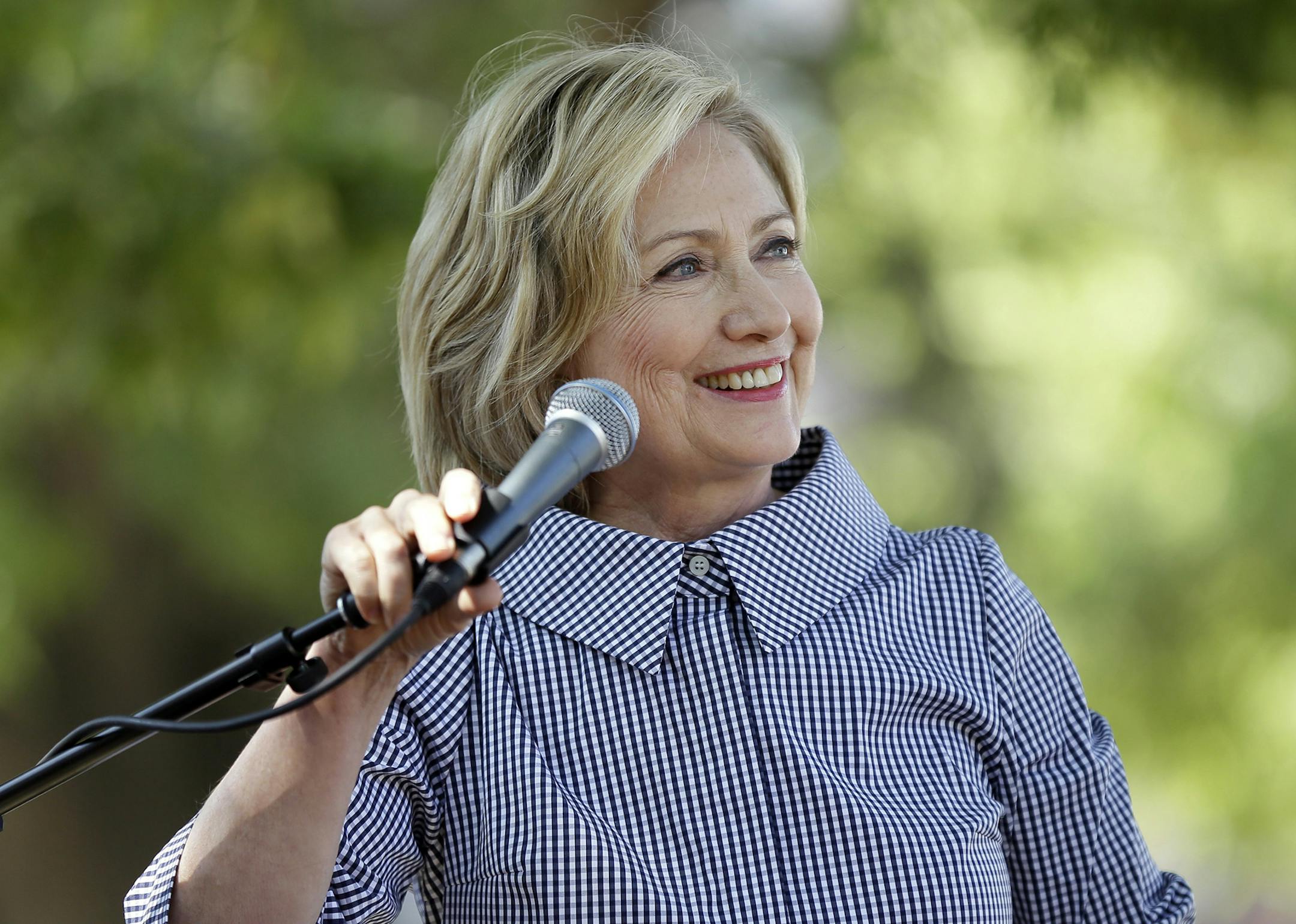 Democratic presidential candidate Hillary Rodham Clinton speaks during a news conference during a visit to the Iowa State Fair, Saturday, Aug. 15, 2015, in Des Moines, Iowa. (AP Photo/Charlie Neibergall) ORG XMIT: MIN2015082711580323