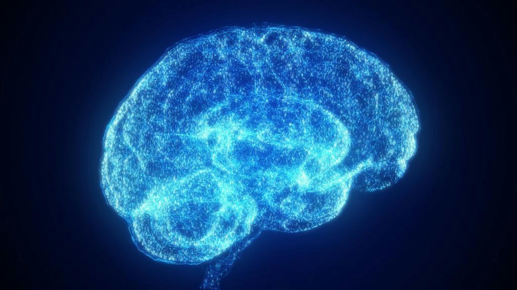 A 3D illustration of a blue brain comprised of a particle cloud of binary data in cyberspace.