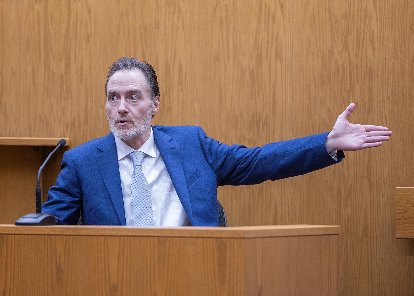 Nicolae Miu takes the stand Tuesday to answer questions from Deputy District Attorney Brian Smestad during Miu’s trial at the St. Croix County Circu