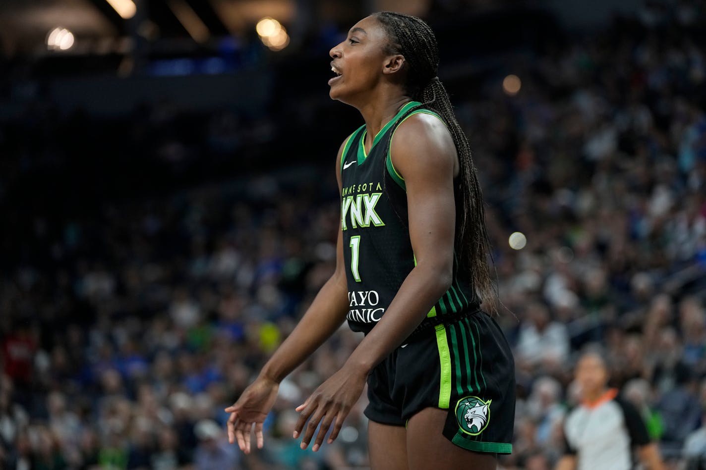 Lynx rookie Diamond Miller reacts after she was called for a foul against the Connecticut Sun in Game 3 on Wednesday night.