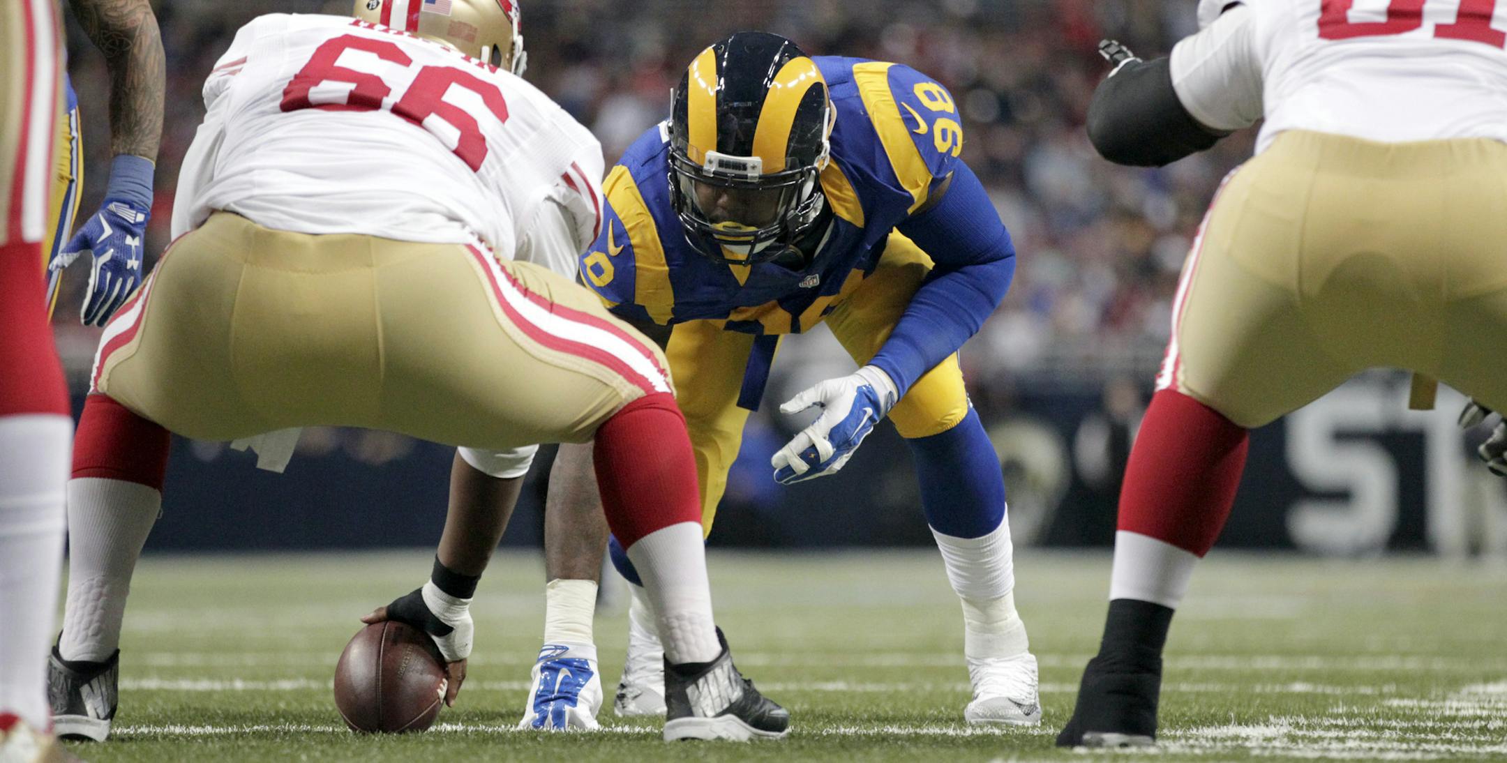 St. Louis Rams defensive tackle Aaron Donald takes up his position during the third quarter of an NFL football game against the San Francisco 49ers Sunday, Nov. 1, 2015, in St. Louis. (AP Photo/Tom Gannam)