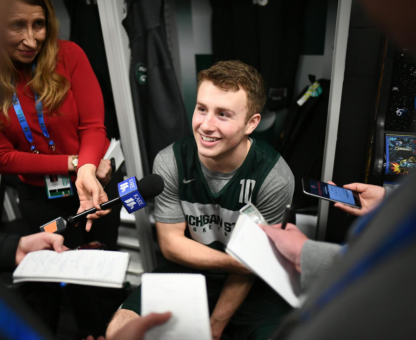 Michigan State guard Jack Hoiberg (10) spoke with the media in the locker room. ] AARON LAVINSKY &#xa5; aaron.lavinsky@startribune.com Michigan State coach Tom Izzo and players spoke with the media before playing Texas Tech at the NCAA Tournament Final Four on Thursday, April 4, 2019 at U.S. Bank Stadium in Minneapolis.