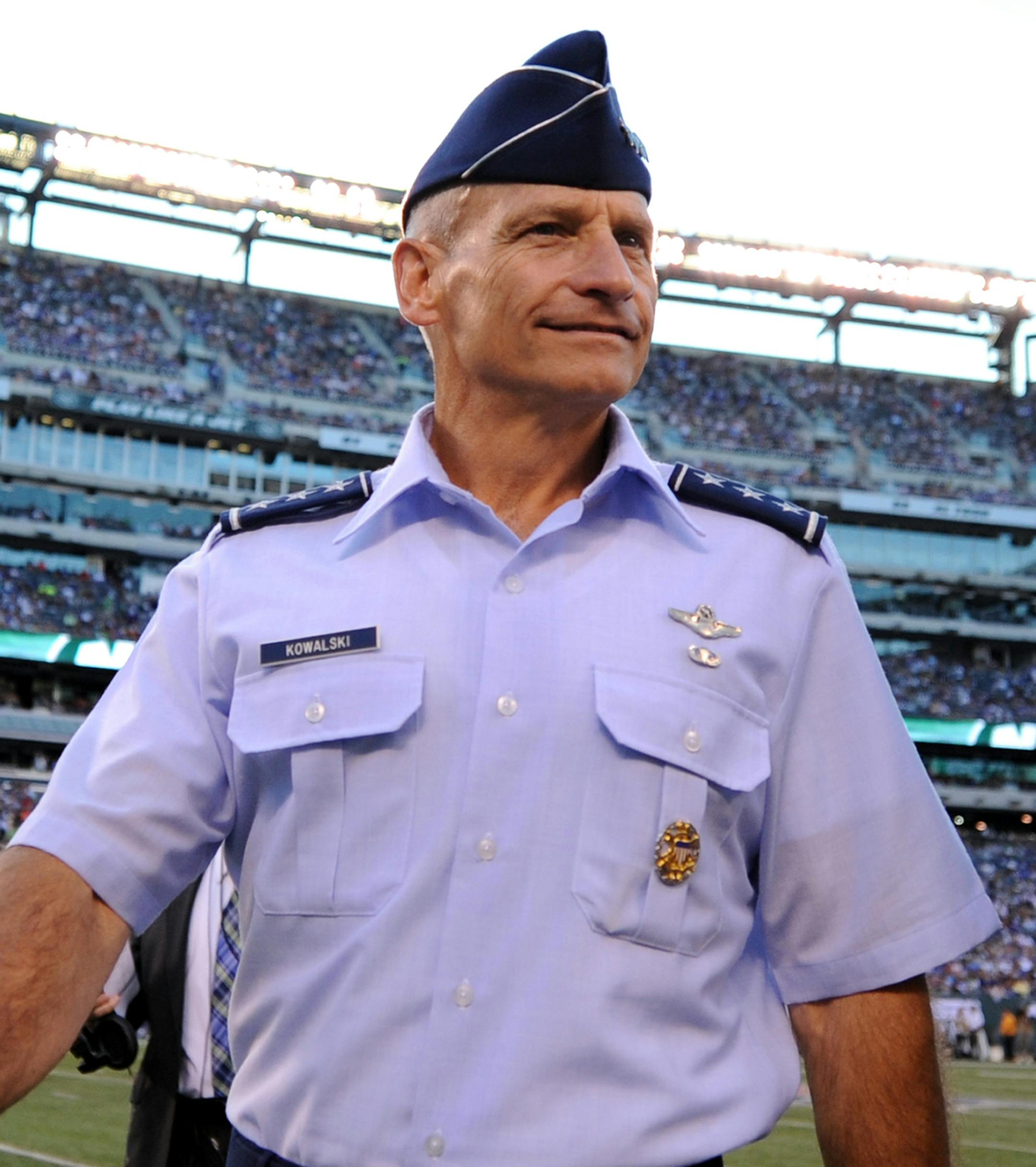 This image provided by the U.S. Air Force shows Lt. Gen. James M. Kowalski, Air Force Global Strike Command commander, is seen after a coin toss at Metlife Stadium in East Rutherford, N.J., on Aug. 18, 2012. An Air Force unit that operates one-third of the nation's land-based nuclear missiles at Malmstrom Air Force Base, Mont., has failed a safety and security inspection, marking the second major setback this year for a force charged with the military's most sensitive mission, Kowalski, who is i