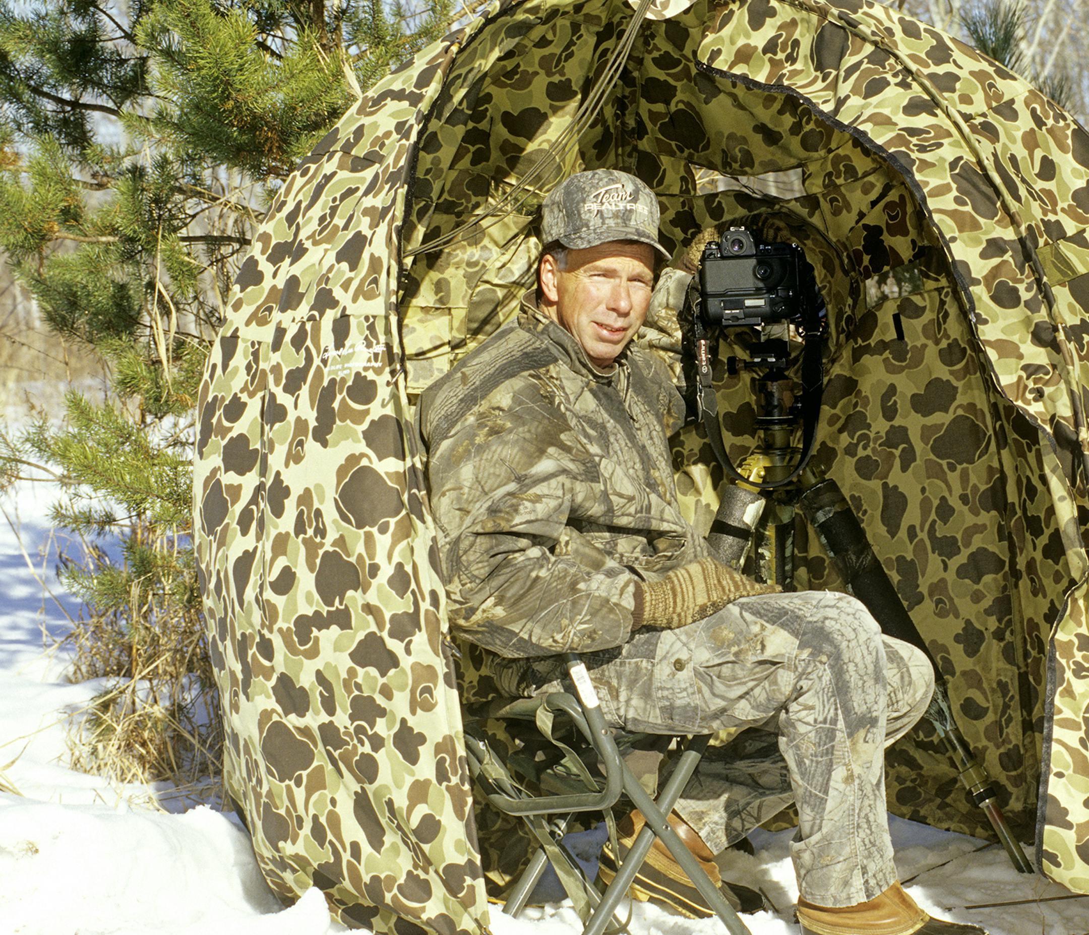 First rate camera gear, including a sturdy tripod and a portable blind help Marchel capture quality images of wildlife.