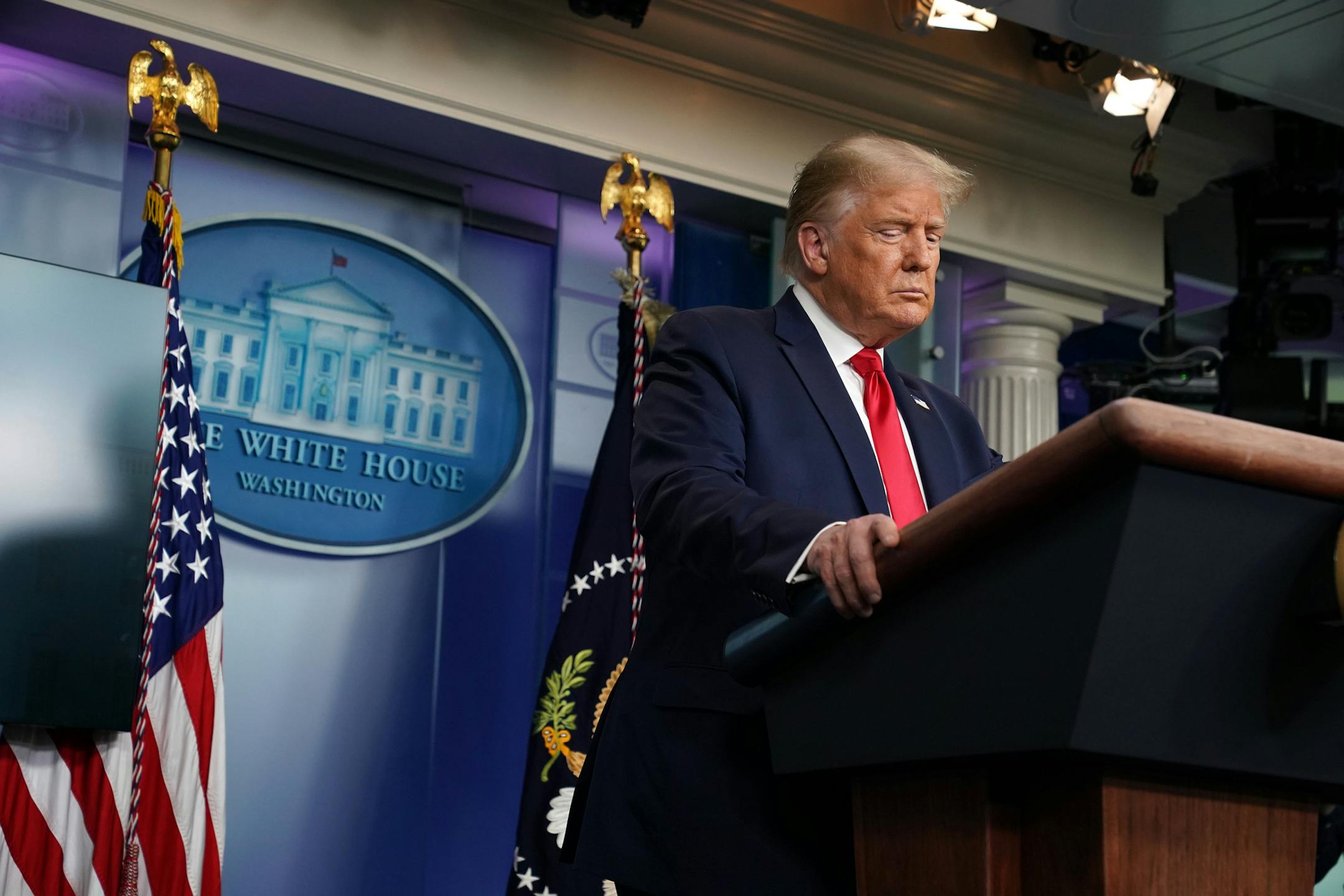 President Donald Trump addresses a news conference at the White House in Washington, Aug. 14, 2020. (Anna Moneymaker/The New York Times)