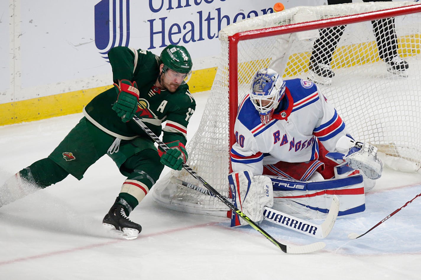 Wild left wing Marcus Foligno was stopped by New York Rangers goaltender Alexandar Georgiev on this play but Foligno did register three points Tuesday.