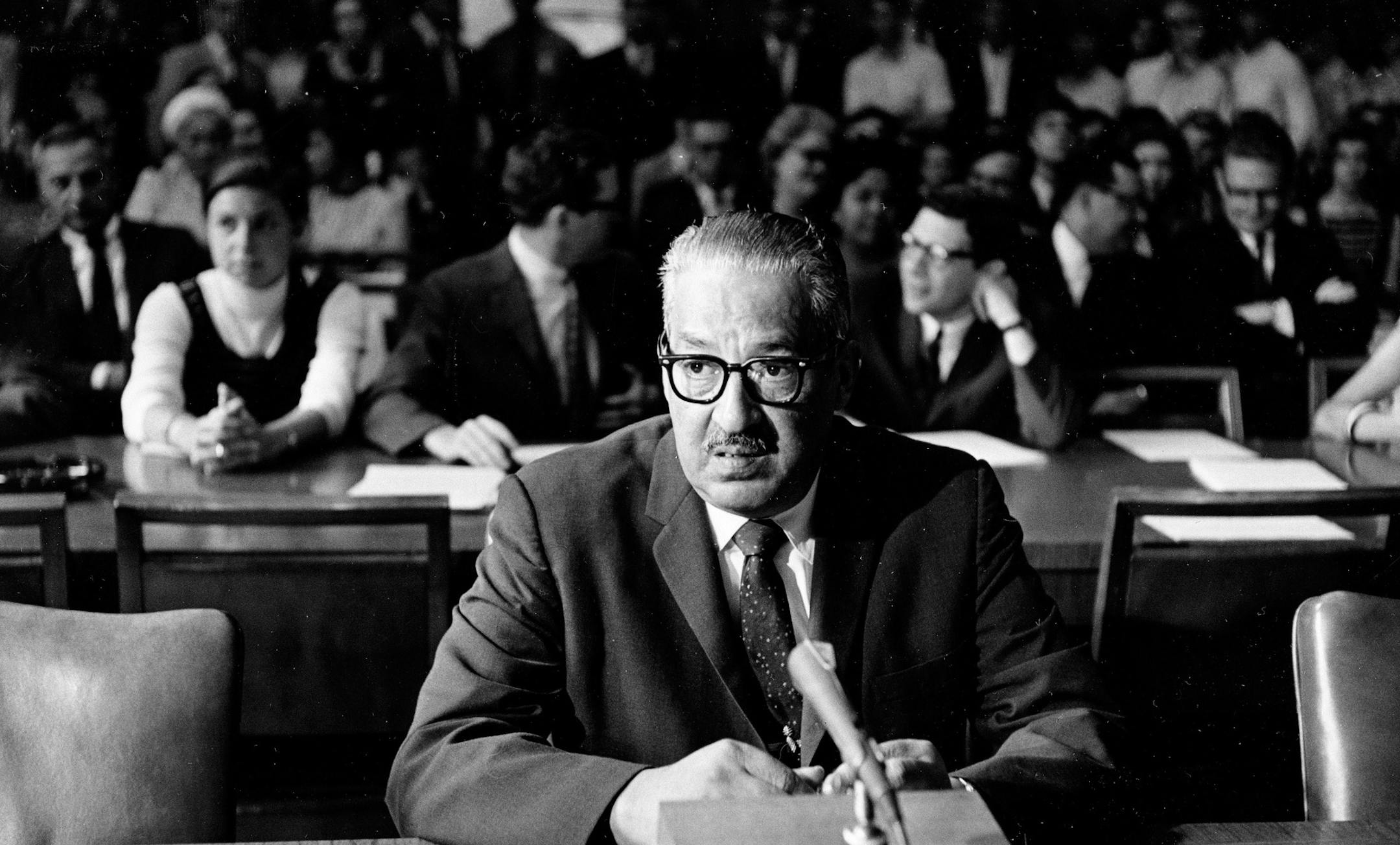 Solicitor General Thurgood Marshall, nominated by President Lyndon B. Johnson to the U.S. Supreme Court, sits at the witness table before testifying on his fitness for the post before the Senate Judiciary Committee, in Washington, July 18, 1967. (AP Photo) ORG XMIT: APHS115