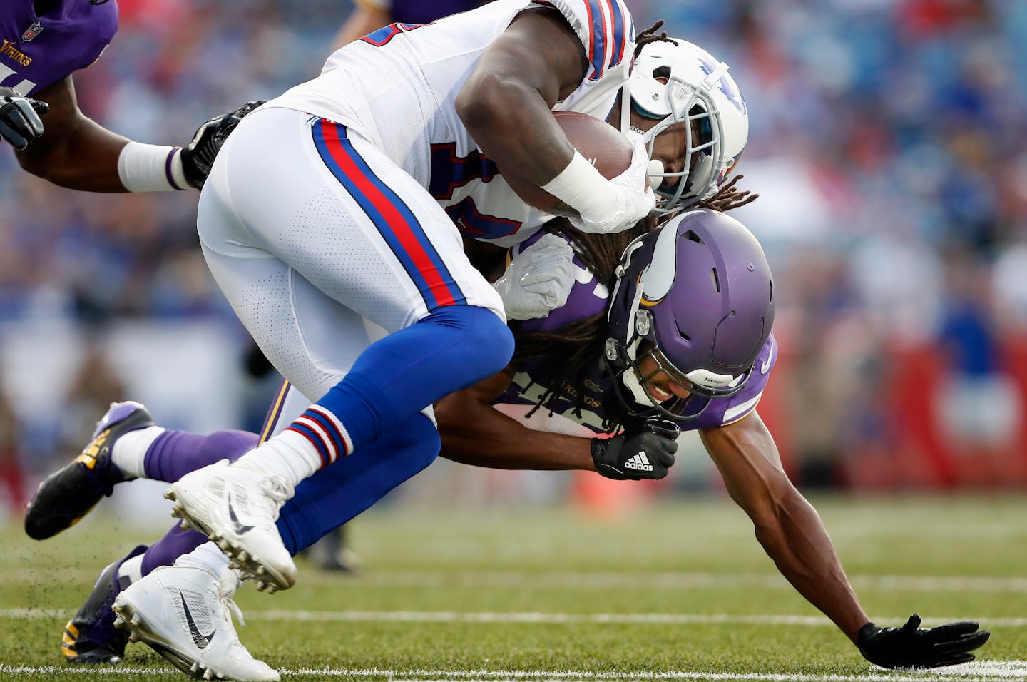 Vikings corner back Trae Waynes tackled Sammy Watkins in the first quarter. Waynes left the game with an injury.