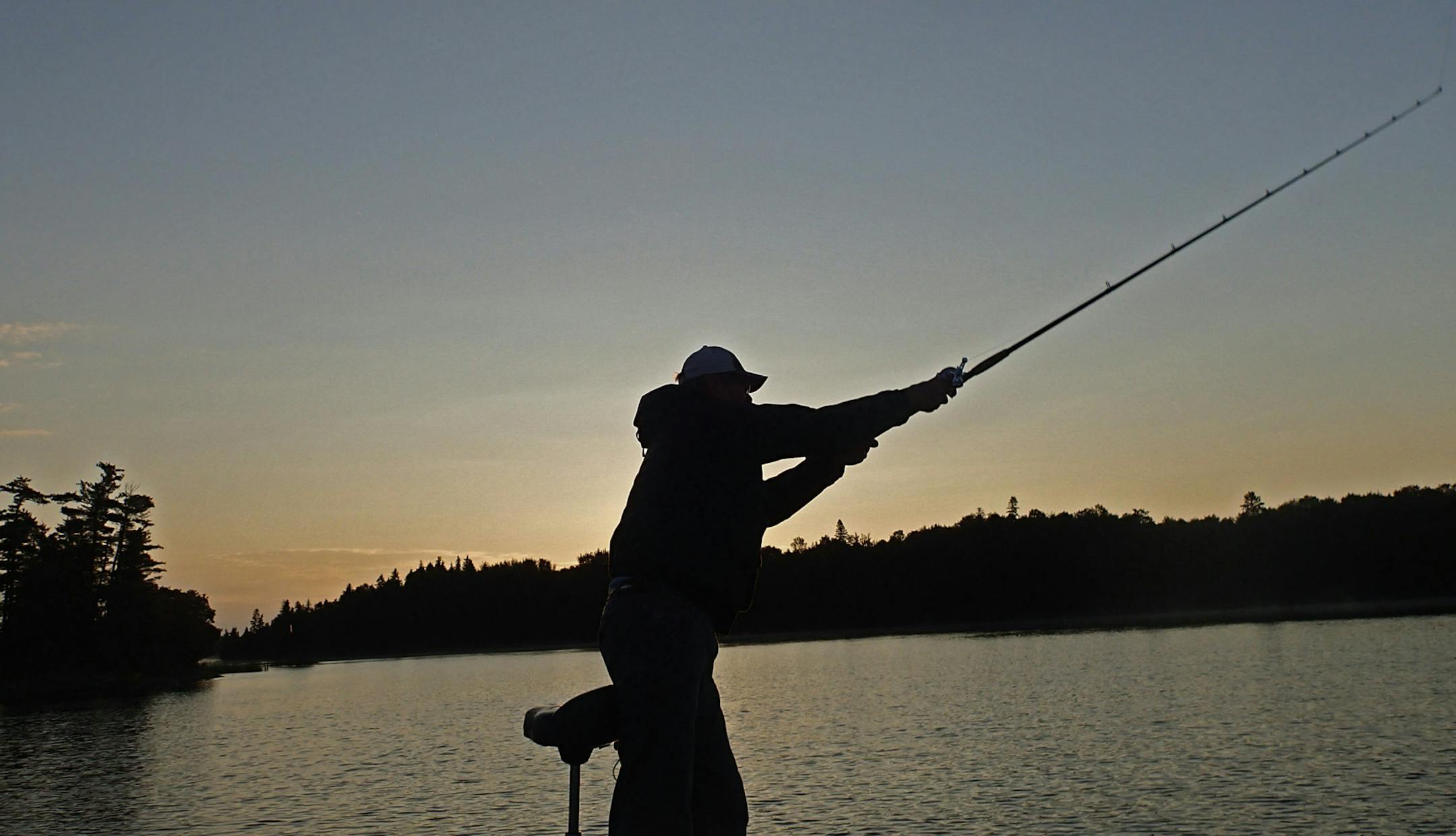 A cast for muskies on Ontario’s portion of Lake of the Woods in low light, hoping to trigger a strike.