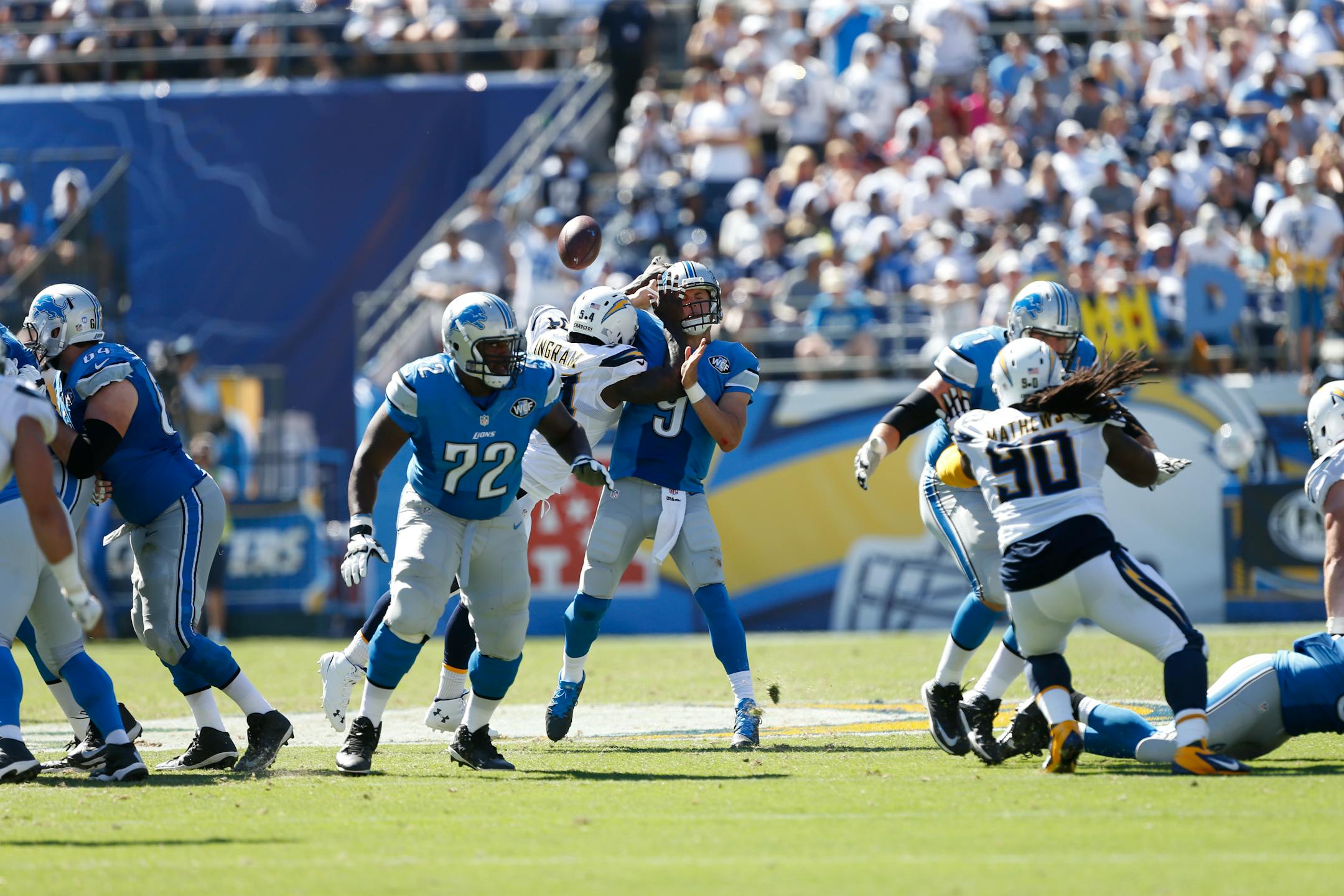 Lions quarterback Matthew Stafford was hit by Chargers linebacker Melvin Ingram during the Sept. 13 loss at San Diego. The Chargers intercepted the tipped ball, one of nine picks Stafford has thrown this season.