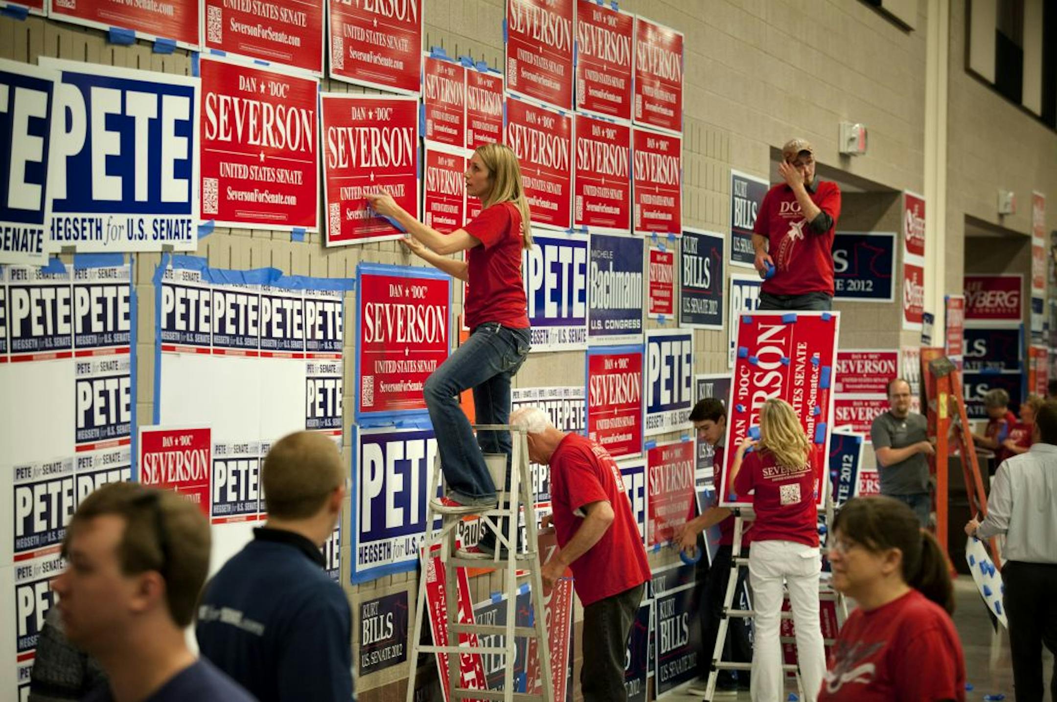 The three main GOP candidates battling to oppose Sen. Amy Klobuchar are Kurt Bills, Pete Hegseth and Dan Severson, all with enthusiastic volunteers working Thursday to get ready for the convention. Ron Paul will address the convention Friday night.