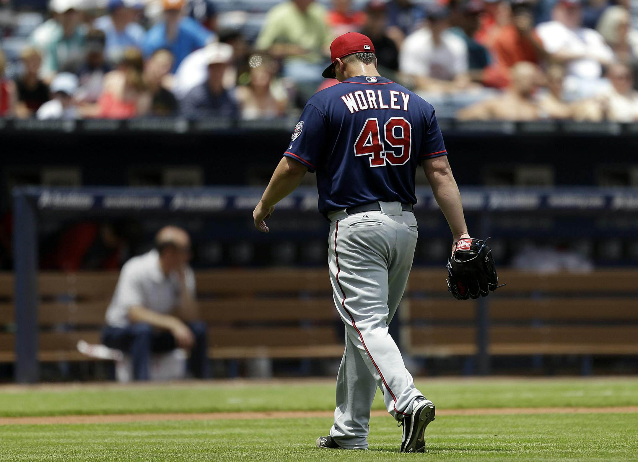 Minnesota Twins starting pitcher Vance Worley is relieved in the fourth inning against the Atlanta Braves