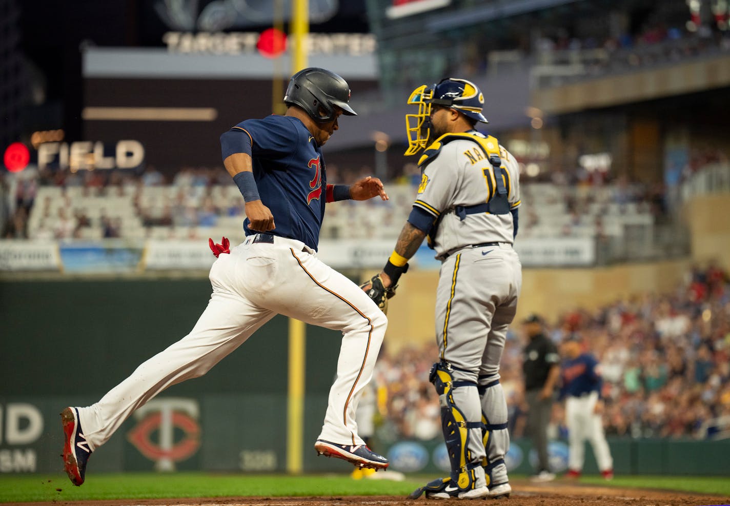 Minnesota Twins Jorge Polanco scored to tie the game 2-2 in the fourth inning on a single by Nick Gordon Tuesday night, July 12, 2022 at Target Field in Minneapolis, Minn. The Minnesota Twins faced the Milwaukee Brewers in an MLB baseball game. ] JEFF WHEELER • Jeff.Wheeler@startribune.com