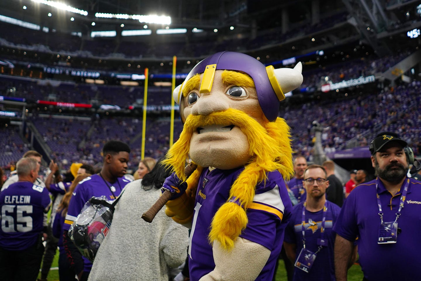 Viktor the Viking wandered the sidelines ahead of last year's season opener against the Atlanta Falcons Sept. 8 at U.S. Bank Stadium in Minneapolis.