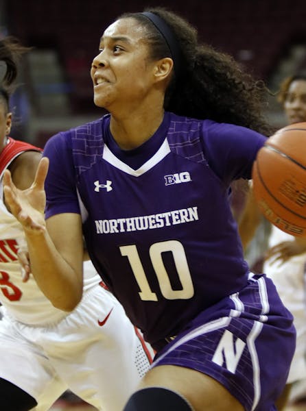 Northwestern's Nia Coffey, right, works against Ohio State's Kelsey Mitchell during an NCAA college basketball game in Columbus, Ohio, Thursday, Jan. 