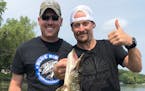 Twin Cities fishing guide Josh Stevenson, left, with Kid Rock and a northern pike he caught Sunday after appearing at Grand Casino in Hinckley and bef