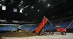 The leisure and hospitality sector gained the most workers in January. Pictured are workers getting Target Center ready for the AMA Arenacross Series 
