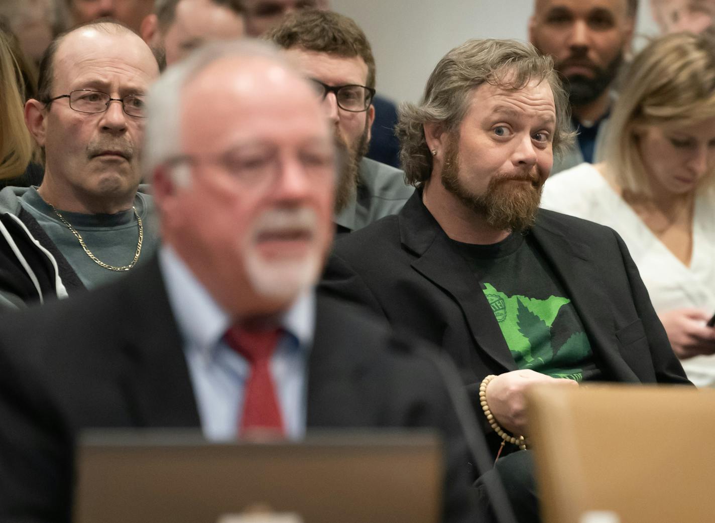 Jeremy Moen, right, reacted as Dale Quigley, of the National Marijuana Initiative, spoke about the data gathered so far in states that have legalized recreational marijuana. ] GLEN STUBBE &#x2022; glen.stubbe@startribune.com Monday, March 11, 2019 By a series of party line votes, the Republican controlled Senate Judiciary and Public Safety Committee voted to effectively kill the bill that would have opened the door for legalization of marijuana for recreational use.