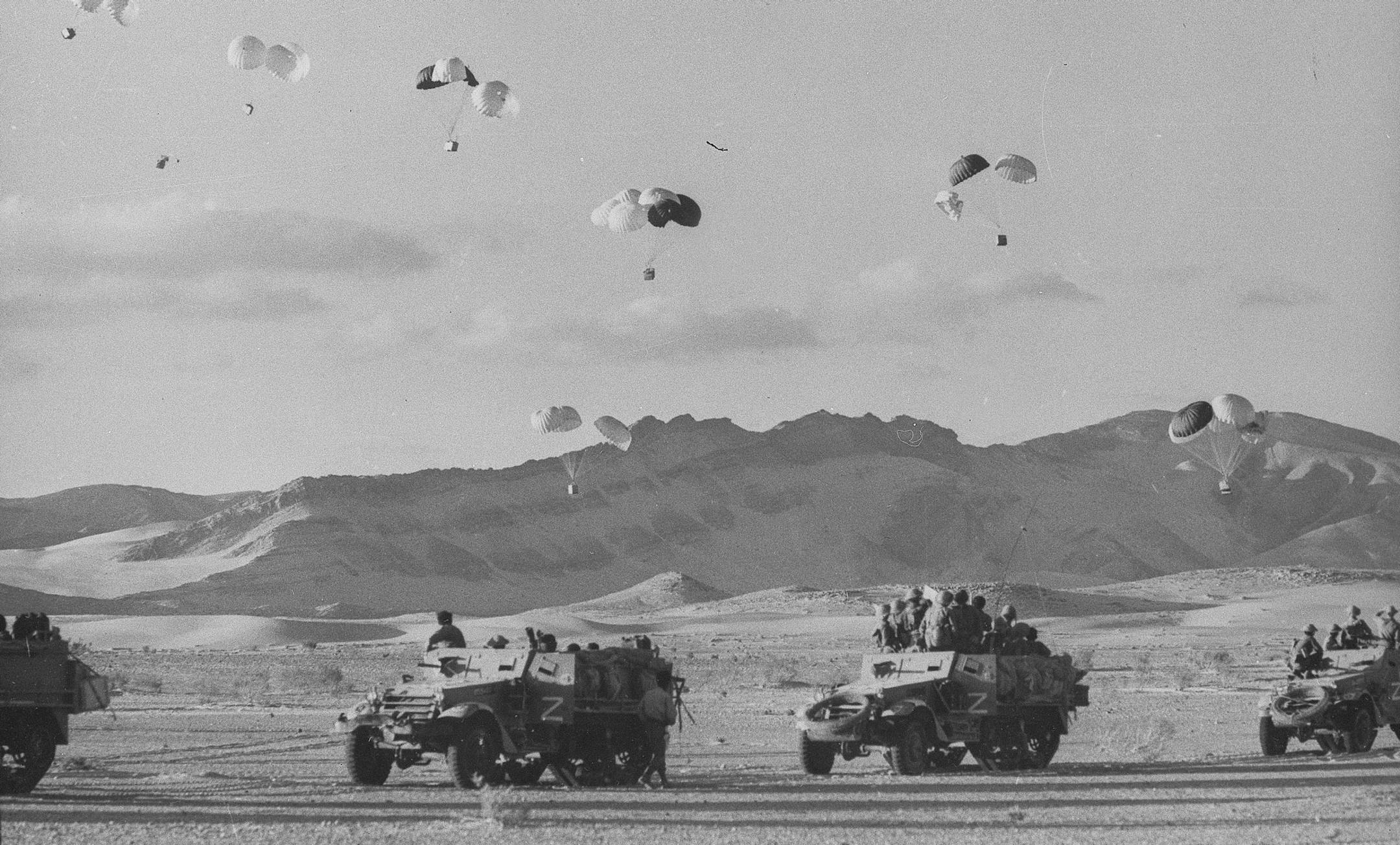 Israeli supplies are air dropped to troops in the Sinai, June 1967. (AP Photo) ORG XMIT: APHS