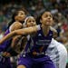 Lynx forward Maya Moore (23) watched for a rebound after a second half free throw with Phoenix Mercury forwards Candice Dupree (4) and Monique Currie 