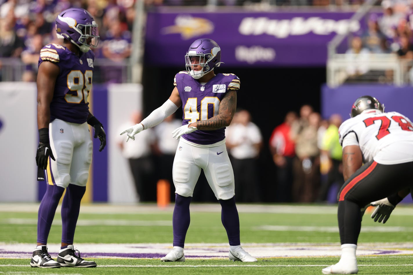 Minnesota Vikings linebacker Ivan Pace Jr. (40) in action during the second half of an NFL football game against the Tampa Bay Buccaneers, Sunday, Sept. 9, 2023 in Minneapolis. (AP Photo/Stacy Bengs)