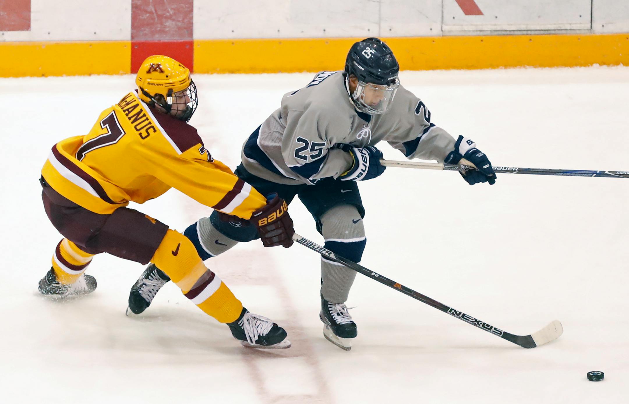 Brannon McMannus battles with Denis Smirnov during a Gophers vs. Penn State men's hockey game earlier this season. The Nittaly Lions won 5-1 on Friday.
