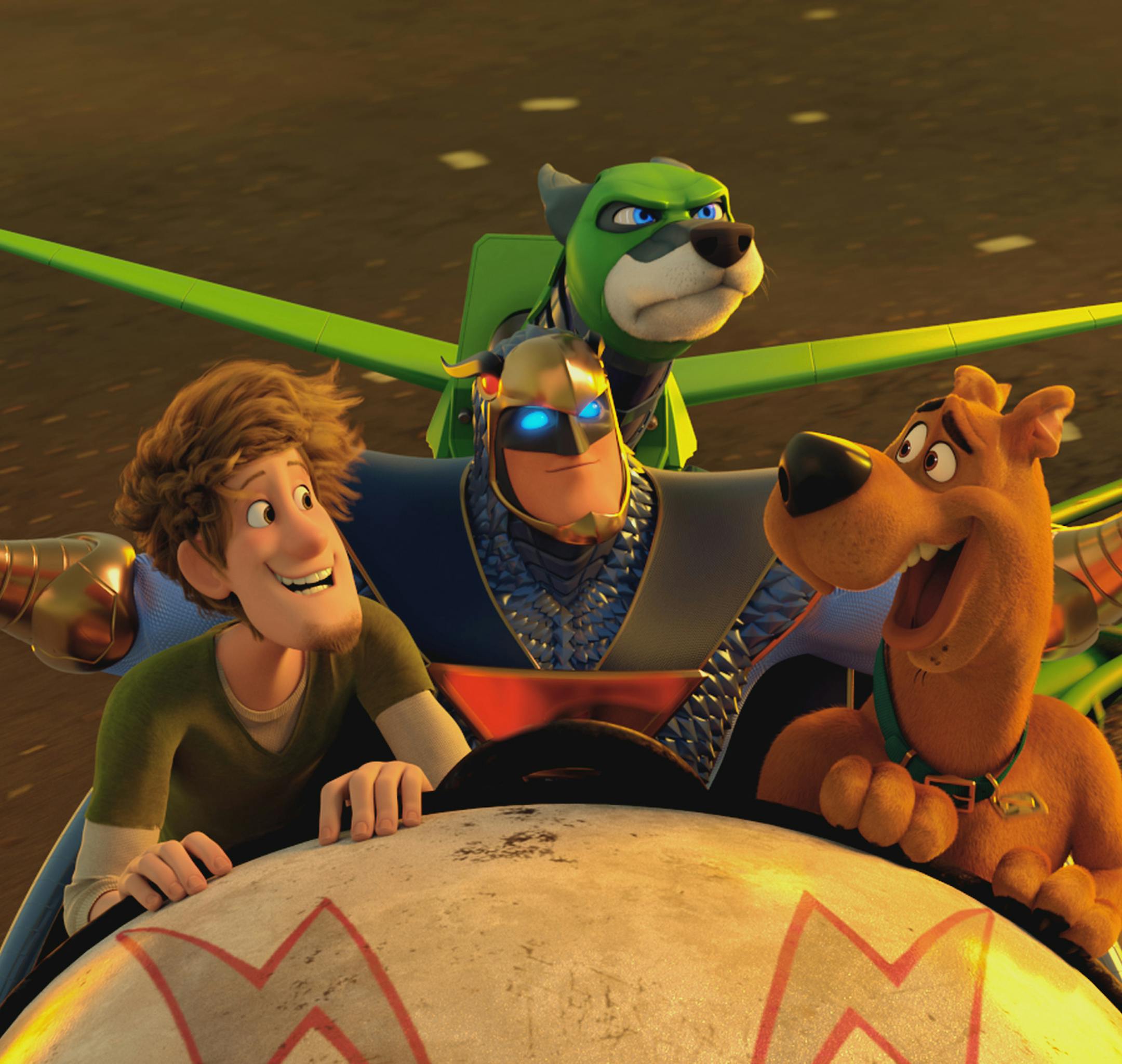 Shaggy voiced by WILL FORTE, Blue Falcon voiced by MARK WAHLBERG, Dynomutt voiced by KEN JEONG, and Scooby-Doo voiced by FRANK WELKER in "Scoob!" Warner Bros.