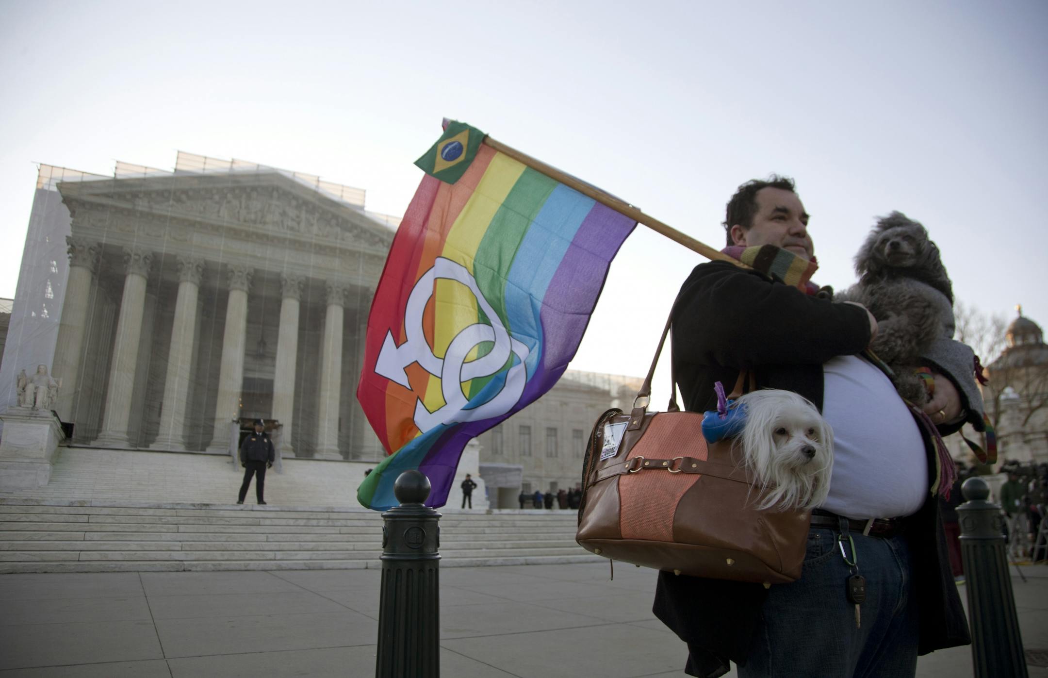 March 27, 2013: Marcos German Domingues of Massachusetts stands with his dogs in front of the Supreme Court, where hearings on gay marriage cases were being held.