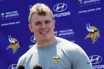 Minnesota Vikings rookie center Pat Elflein, out of Ohio State, takes questions from the media during the NFL football team's rookies minicamp Friday,