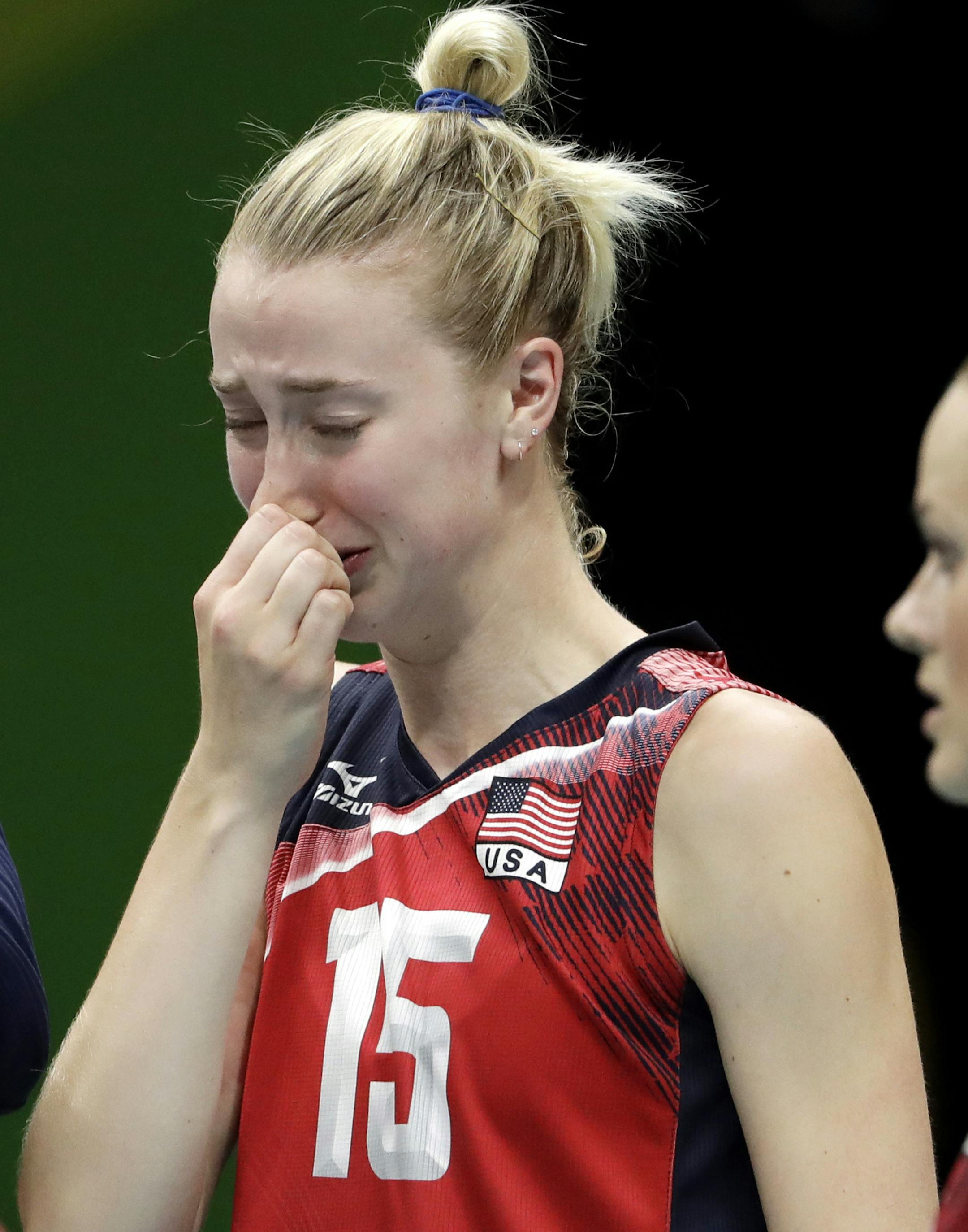 United States' Kim Hill reacts after losing a women's semifinal volleyball match against Serbia at the 2016 Summer Olympics in Rio de Janeiro, Brazil, Thursday, Aug. 18, 2016. (AP Photo/Matt Rourke)