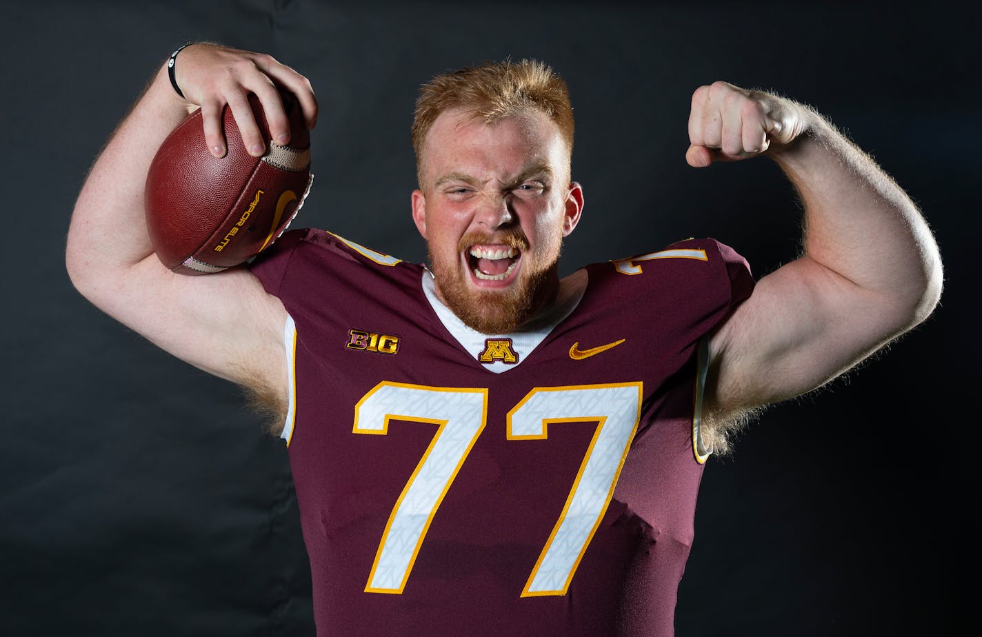 Minnesota Gophers offensive lineman Quinn Carroll (77) poses for a portrait Wednesday, July 12, 2023, at Gibson Nagurski Building in Minneapolis. ]