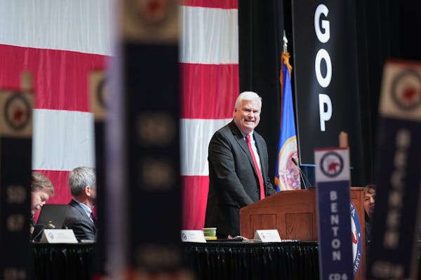 U.S. Rep. Tom Emmer, speaking here at the state Republican convention in Rochester, runs the House GOP’s campaign arm.