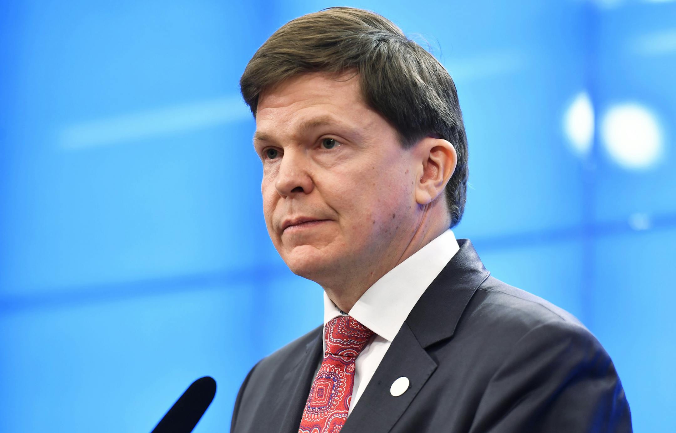 Swedish Speaker of Parliament Andreas Norlen gives a news conference at the Parliament Riksdagen in Stockholm, Sweden, on Friday Nov. 23. Norlen announced that the leader of Sweden's Social Democrats, Stefan Lofven, will be proposed as next prime minister in an effort to break the ongoing political deadlock. (Henrik Montgomery / TT via AP) ORG XMIT: LON801