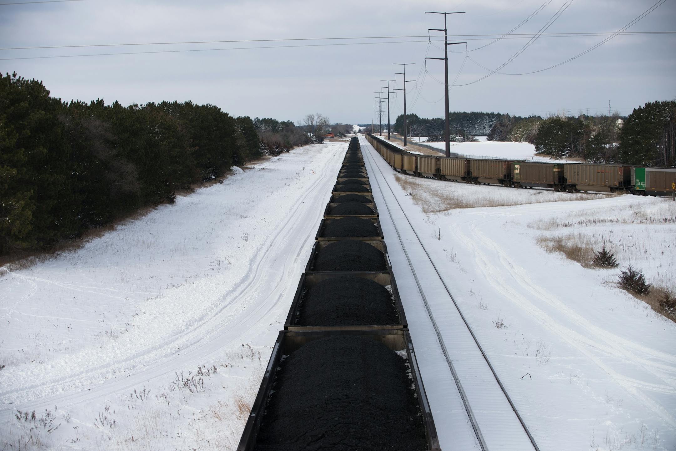 Coal trains are idle on the tracks leading to the Sherburne County Generating Station on Wednesday afternoon in Becker.