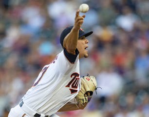 Minnesota Twins pitcher Jose Berrios throws to the Atlanta Braves during the first inning of a baseball game Tuesday, Aug. 6, 2019 in Minneapolis. (AP