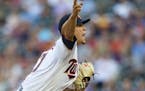 Minnesota Twins pitcher Jose Berrios throws to the Atlanta Braves during the first inning of a baseball game Tuesday, Aug. 6, 2019 in Minneapolis. (AP