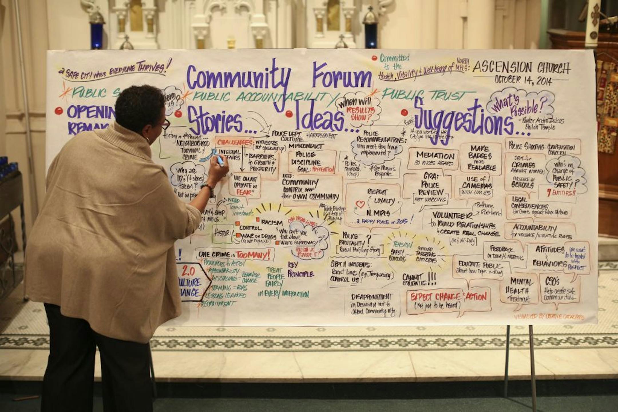 Amy Batiste created a unique visual record of the community forum Monday night. She added flourishes as she completed her work after the forum concluded.