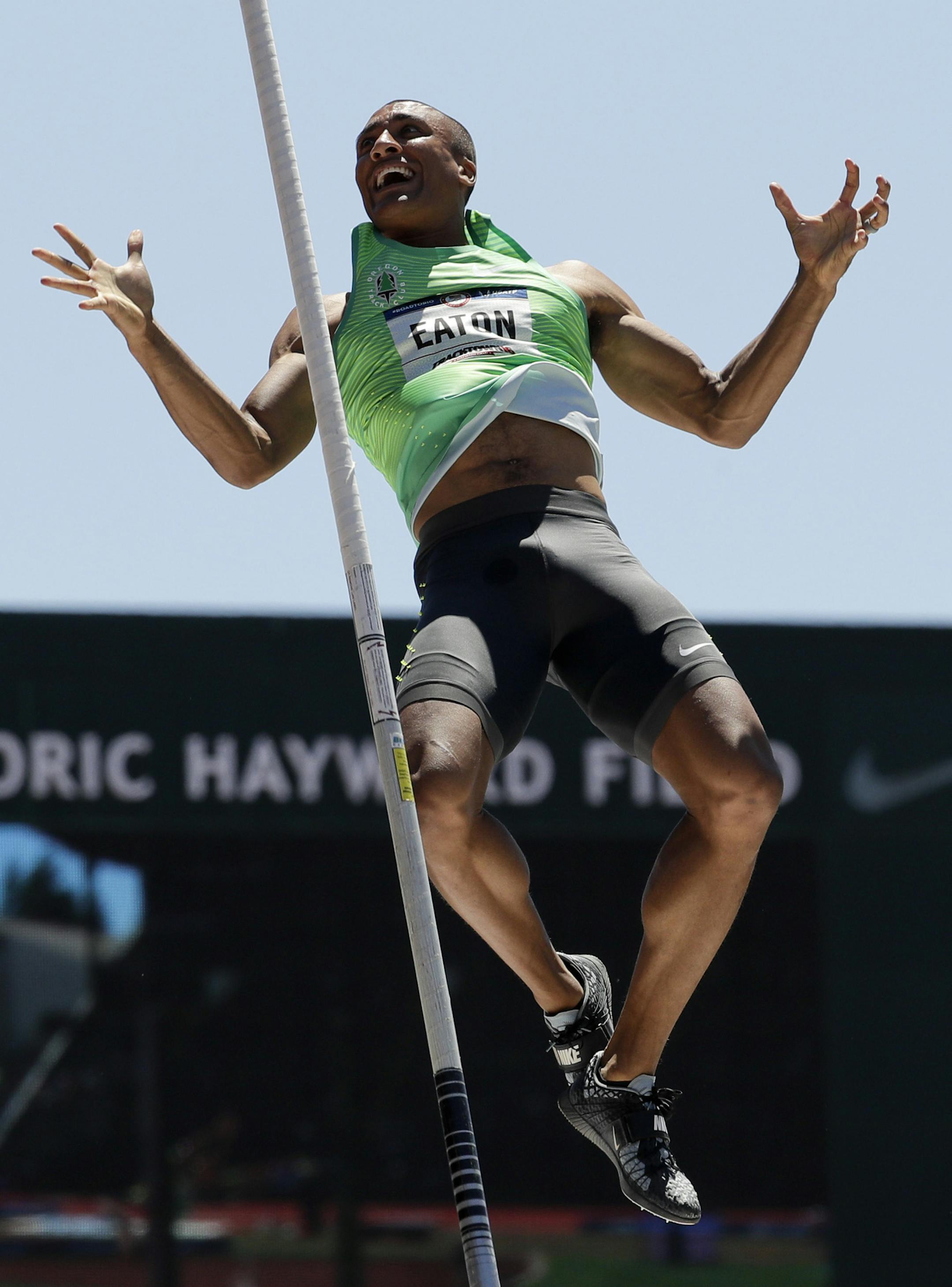 Ashton Eaton celebrates during the decathlon pole vault event at the U.S. Olympic Track and Field Trials, Sunday, July 3, 2016, in Eugene Ore. (AP Photo/Charlie Riedel)