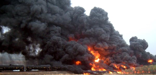 A derailed oil train burned near Heimdal, N.D., in May, forcing the evacuation of nearby homes and farms.