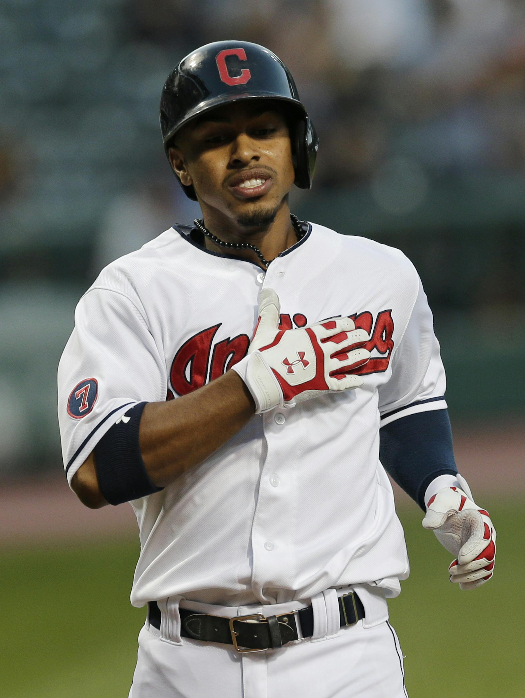 Cleveland Indiansí Francisco Lindor runs the bases after hitting a solo home run off Kansas City Royals starting pitcher Danny Duffy in the first inning of a baseball game, Wednesday, Sept. 16, 2015, in Cleveland. (AP Photo/Tony Dejak)